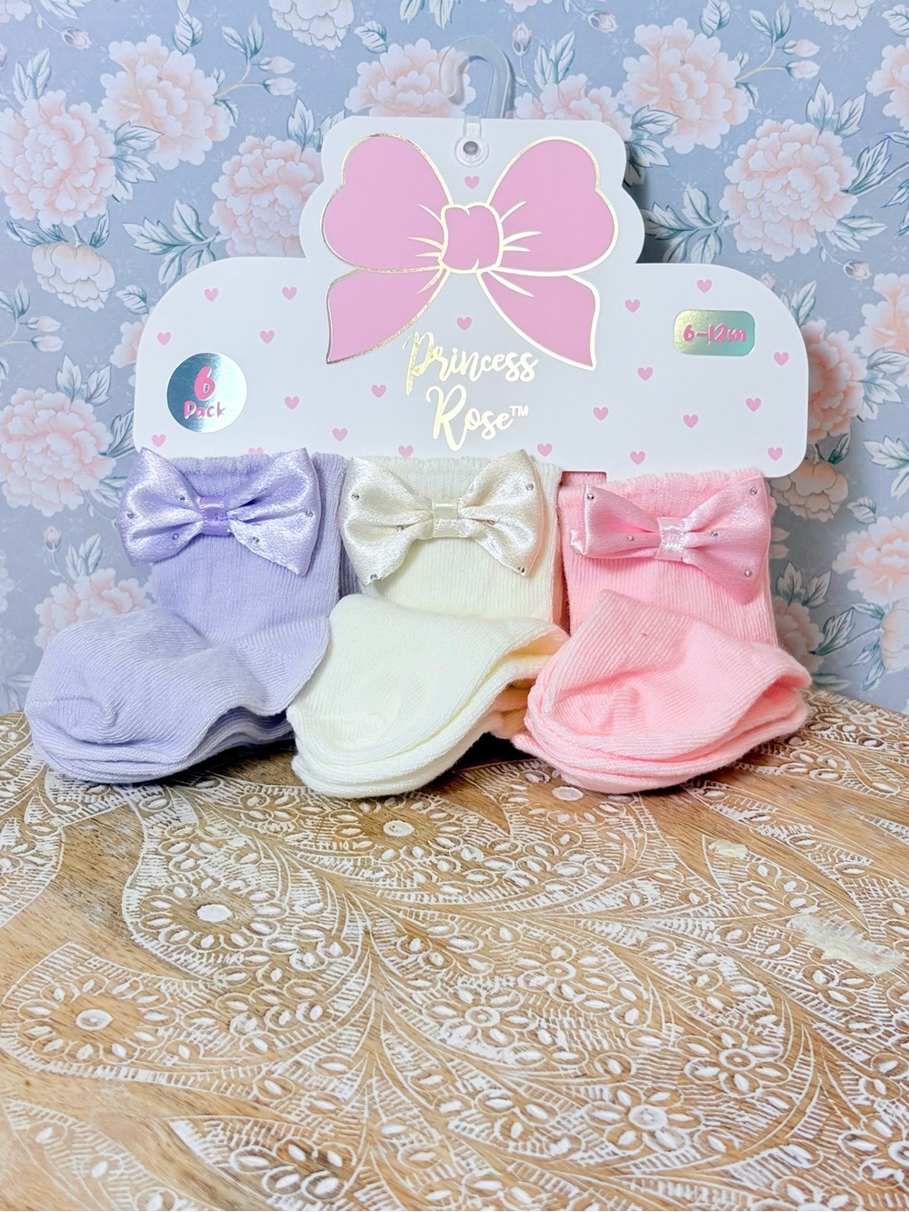 Princess Rose Baby Girls Bow Sock 6- Pack in Lavender, Cream & Pink